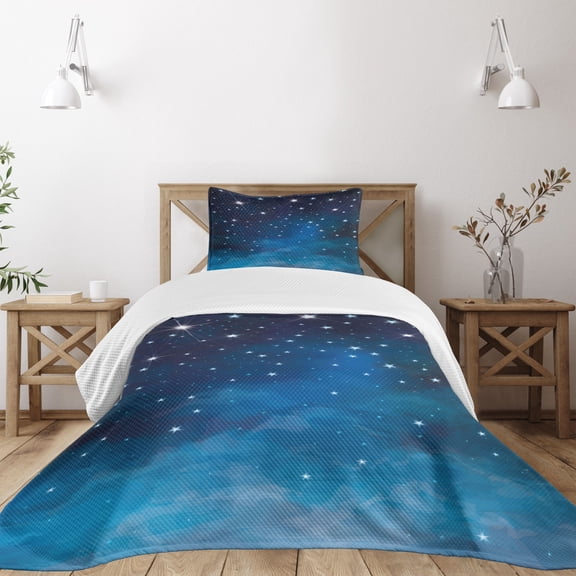 Ambesonne Night Quilted Bedspread Set 2 Pcs, Vibrant Star Ombre Sky, Twin Size, Pale Blue Dark Blue