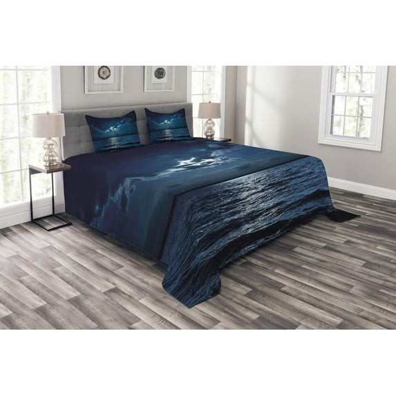 Ambesonne Night Quilted Bedspread Set 3 Pcs, Dramatic Sky Moon Ocean, Queen Size, Dark Blue White