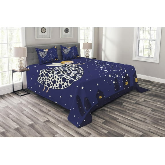 Ambesonne Night Quilted Bedspread Set 3 Pcs, Fantasy Character Village, King Size, Marigold White Blue