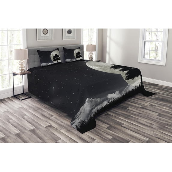 Ambesonne Night Quilted Bedspread Set 3 Pcs, Giant Moon Tree, Queen Size, Grey Black Charcoal Grey