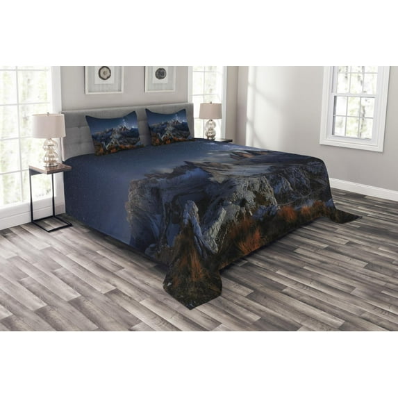 Ambesonne Night Quilted Bedspread Set 3 Pcs, Italy Mountains Milky Way, Queen Size, Dark Blue Redwood Tan