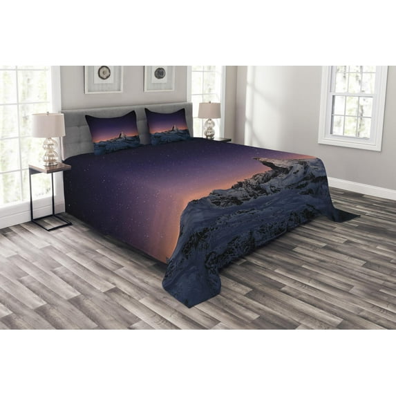 Ambesonne Night Quilted Bedspread Set 3 Pcs, Matterhorn Peak Europe, Queen Size, Purple Coral Beige