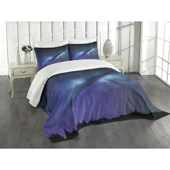 Ambesonne Night Quilted Bedspread Set 3 Pcs, Milky Way Cosmos Inspired, Queen Size, Aqua Dark Blue Black