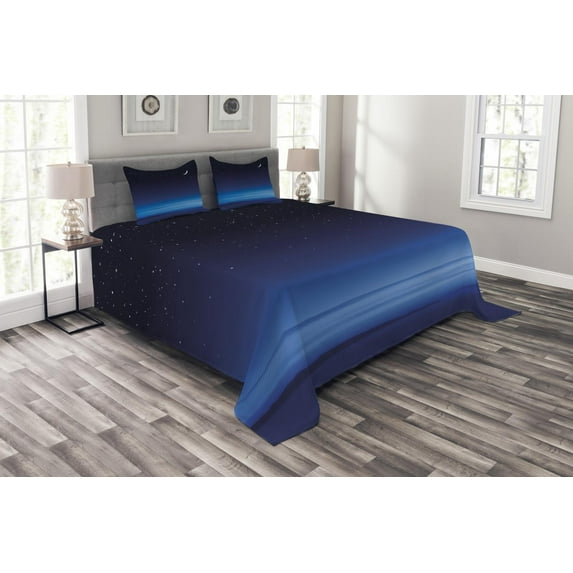 Ambesonne Night Quilted Bedspread Set 3 Pcs, Moon Stars Santa Barbara, Queen Size, Dark Blue Sky Blue White