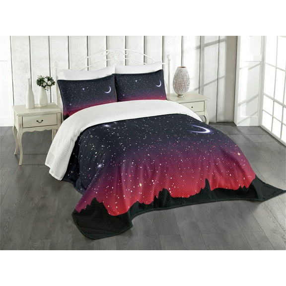 Ambesonne Night Quilted Bedspread Set 3 Pcs, Red Sky Starry Landscape, Queen Size, Indigo Magenta Black