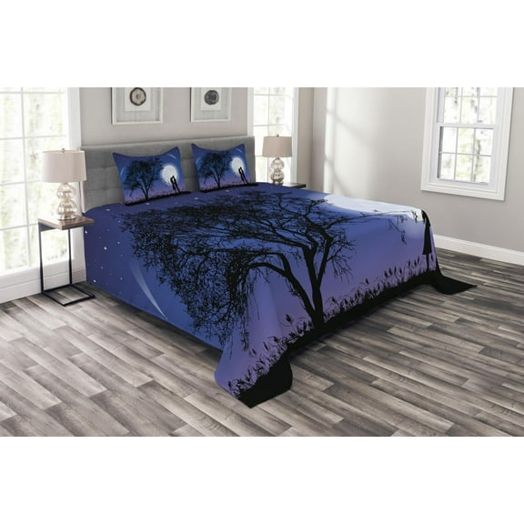 Ambesonne Night Quilted Bedspread Set 3 Pcs, Romantic Man Woman Hug, Queen Size, Black Blue White