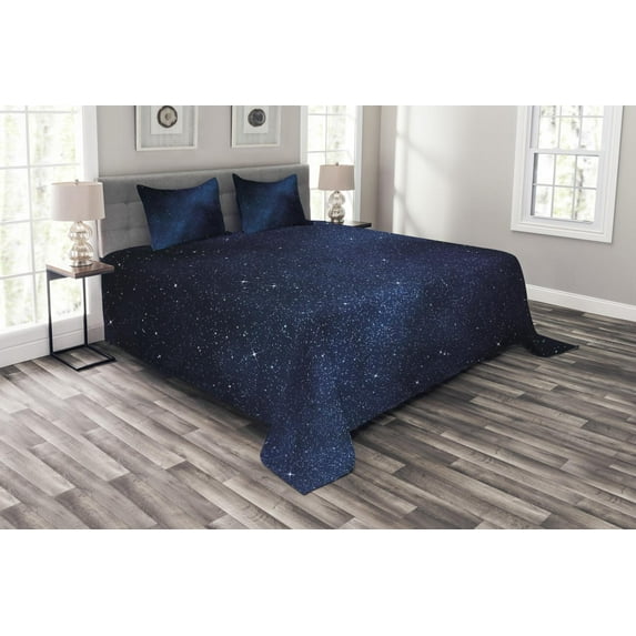 Ambesonne Night Quilted Bedspread Set 3 Pcs, Space and Stars, King Size, Dark Blue White