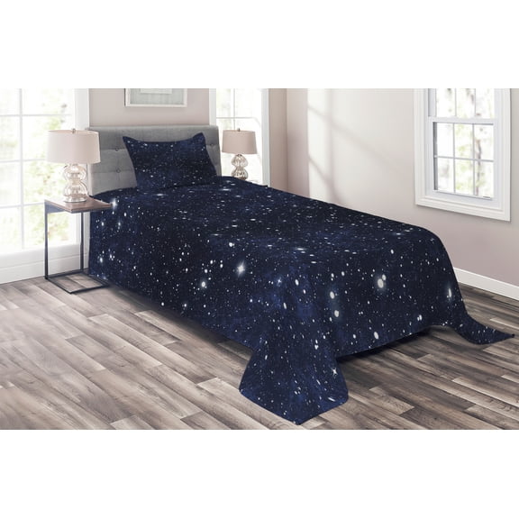 Ambesonne Night Quilted Coverlet 2 Pcs, Vivid Celestial Sky View, Twin Size, Dark Blue White