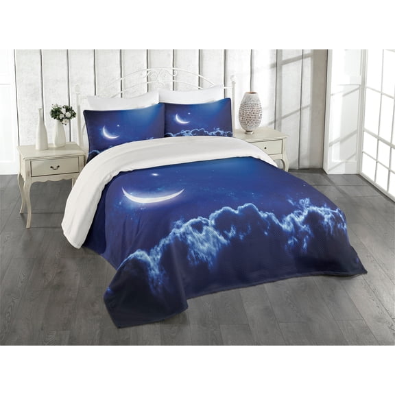 Ambesonne Night Quilted Coverlet 3 Pcs, Crescent Moon and Stars, King Size, Royal Blue White