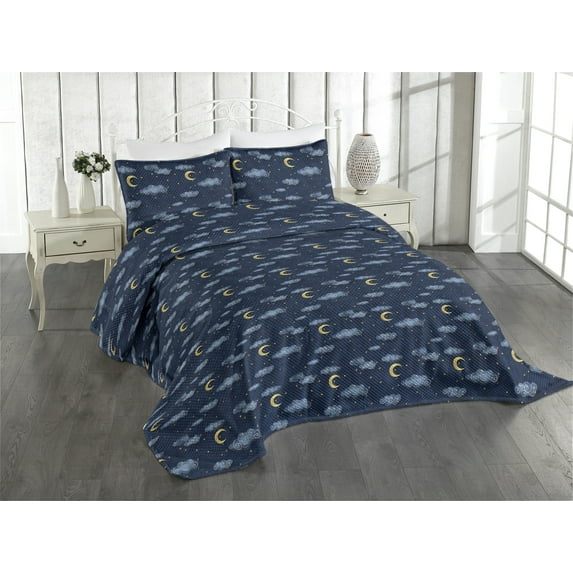 Ambesonne Night Quilted Coverlet 3 Pcs, Dark Sky Stars with Clouds, Queen Size, Dark Navy Blue and Mustard