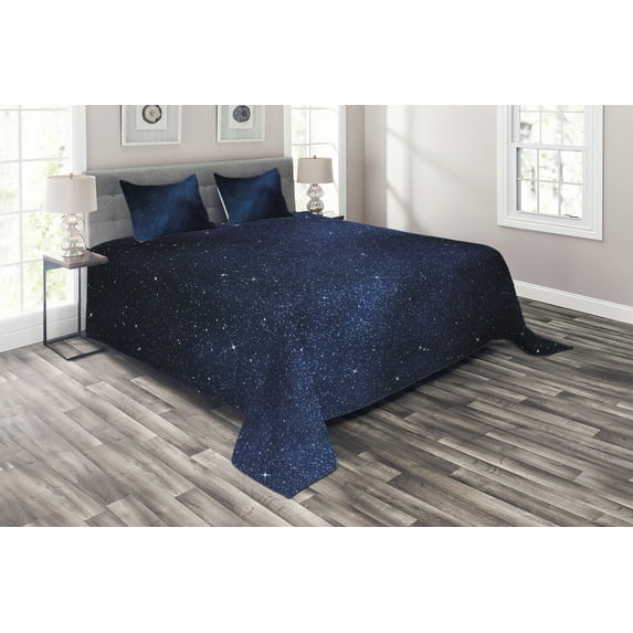 Ambesonne Night Quilted Coverlet 3 Pcs, Space and Stars, Queen Size, Dark Blue White
