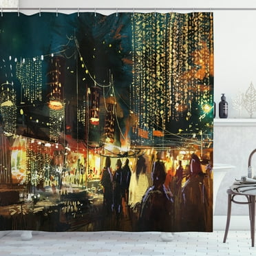 Ambesonne Night Shower Curtain, City Street Colorful Art, 69"Wx70"L, Multicolor