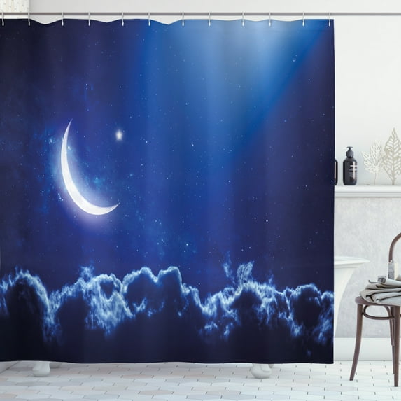 Ambesonne Night Shower Curtain, Crescent Moon and Stars, 69"Wx75"L, Royal Blue White