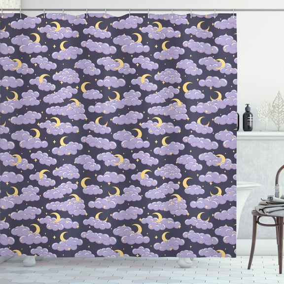 Ambesonne Night Shower Curtain, Fluffy Clouds Moon and Stars, 69"Wx70"L, Lavender Dark Indigo