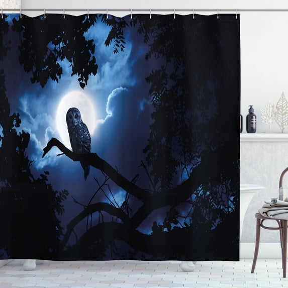 Ambesonne Night Shower Curtain, Quite Woodland Full Moon, 69"Wx70"L, Black Blue White