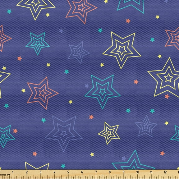 Ambesonne Night Sky Fabric by the Yard Upholstery, Colorful Stars Ornament, 1 Yard, Dark Indigo Pastel Yellow