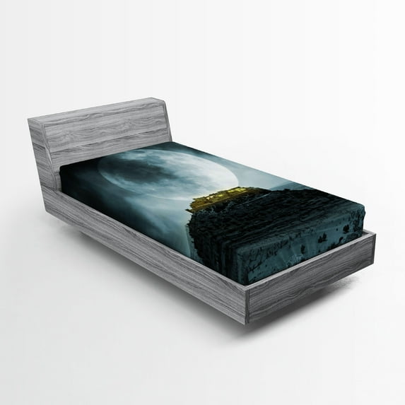 Ambesonne Night Sky Fitted Sheet, Full Moon and Castle, Twin Size, Green Black Slate Blue