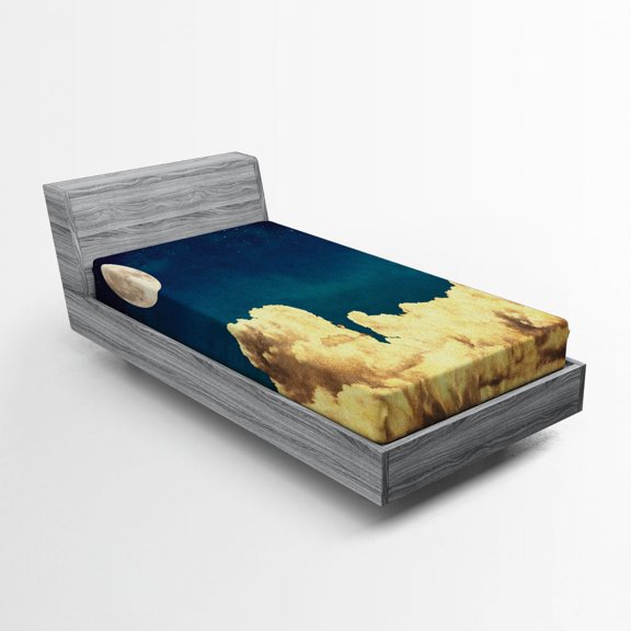 Ambesonne Night Sky Fitted Sheet, Stars Full Moon Cloud, Twin Size, Dark Blue White