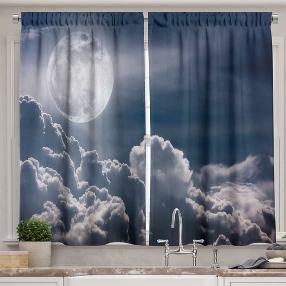Ambesonne Night Sky Kitchen Curtains, Celestial Photo Full Moon, 55"x39", Dark Blue White