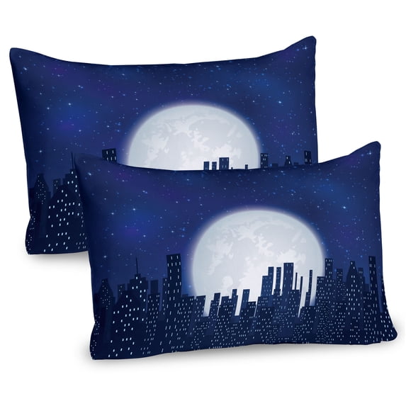 Ambesonne Night Sky Pillow Sham 2 Pack, Moon Stars and City, 26"x20", Dark Blue Indigo White