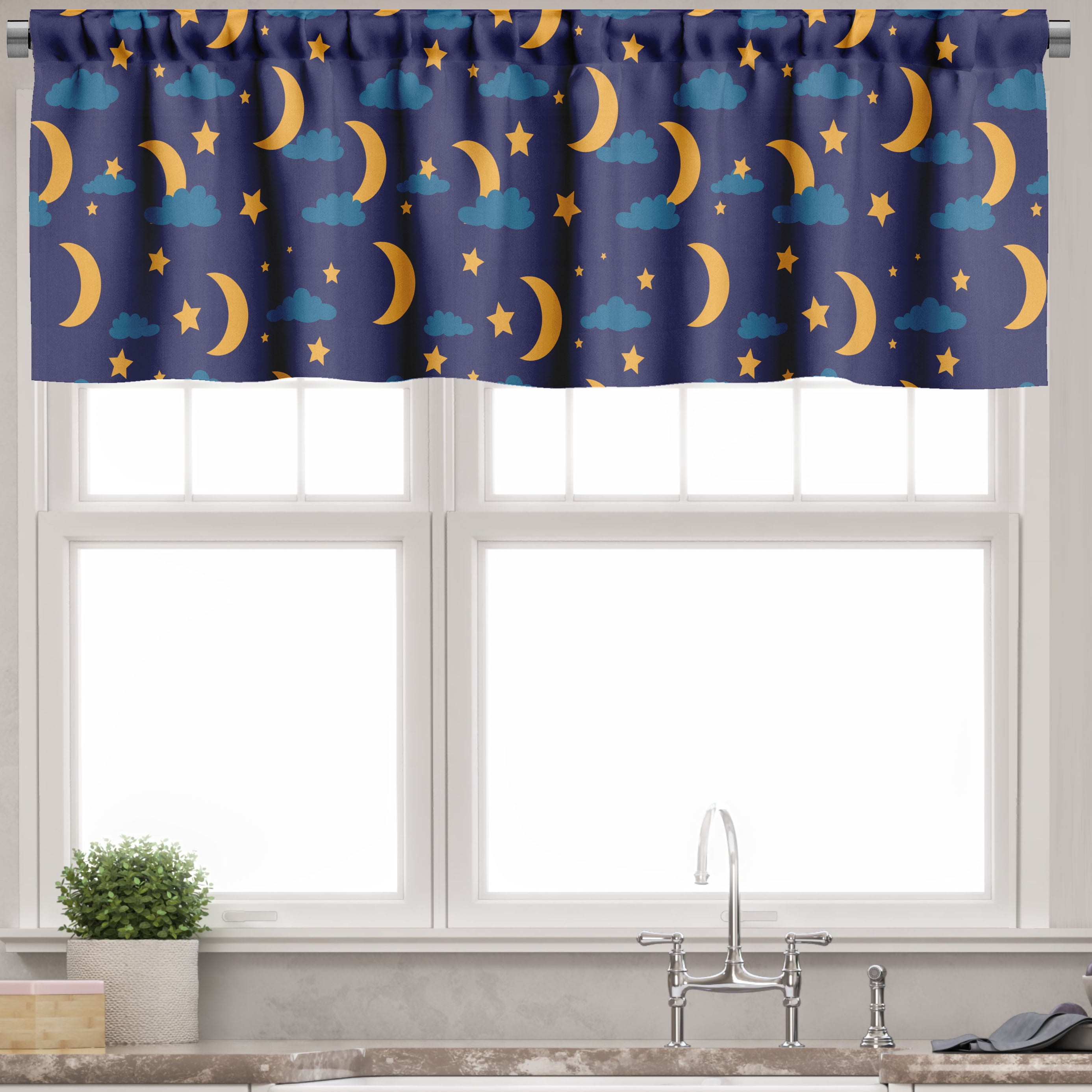 Pale Orange and Indigo Crescent Moon and Clouds Rod Pocket Valance