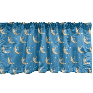 Ambesonne Night Window Valance, Nursery Pattern of Doodle Angel Sits on Crescent Moon Polka Dots, Curtain Valance for Kitchen Bedroom Decor with Rod Pocket, 54" X 12", Sea Blue Peach
