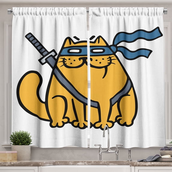 Ambesonne Ninja Cat Kitchen Curtains, Hero Pet with Blindfold, 55"x39", Marigold Slate Blue