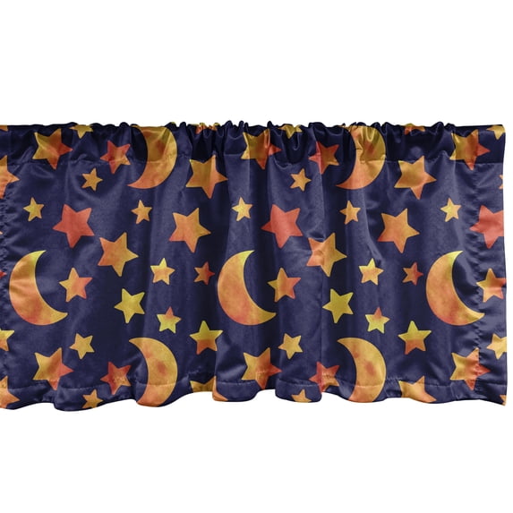 Ambesonne Nocturnal Window Valance, Moons and Stars Shapes, 54" X 18", Indigo Marigold Mustard