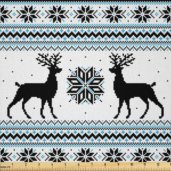 Ambesonne Nordic Fabric by the Yard Microfiber, Zigzag Reindeer and Snow, 1 Yard, Black White Sky Blue