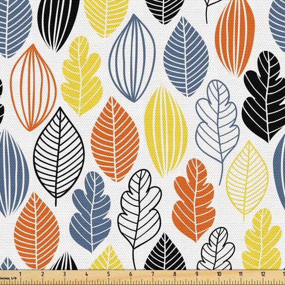 Ambesonne Nordic Fabric by the Yard Upholstery, Colorful Leaves of the Wood, 10 Yards, Yellow Vermilion