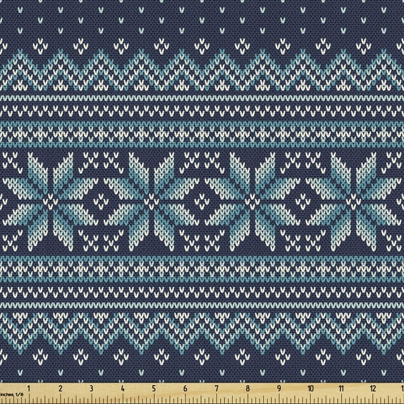 Ambesonne Nordic Fabric by the Yard Upholstery, Herringbone Snowflake, 2 Yards, Turquoise and Dark Blue