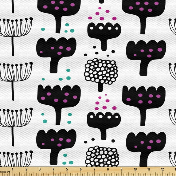 Ambesonne Nordic Fabric by the Yard Upholstery, Scandinavian Flowers, 10 Yards, Black Magenta Seafoam