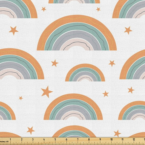 Ambesonne Nordic Fabric by the Yard Upholstery, Scandinavian Rainbows Stars, 3 Yards, Dark Peach and Pale Teal