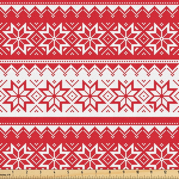 Ambesonne Nordic Fabric by the Yard Upholstery, Swedish Vintage Motif, 3 Yards, Vermilion White