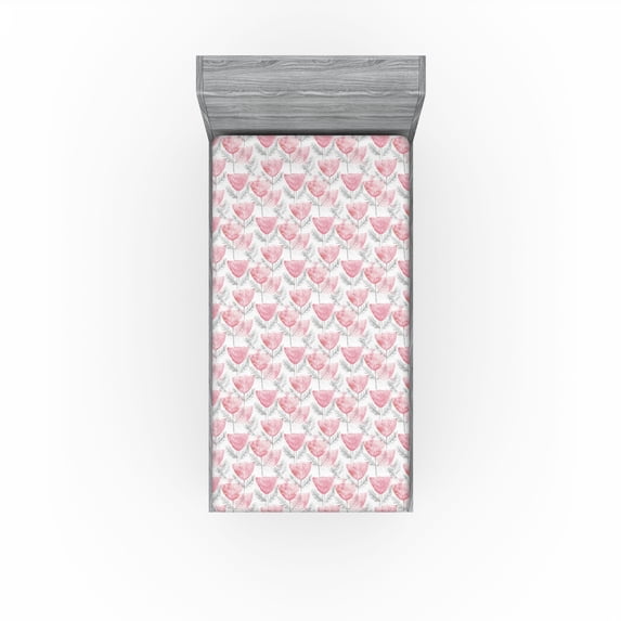 Ambesonne Nordic Fitted Sheet, Scandinavian Floral Abstract, Twin XL Size, Pastel Pink and Pale Grey