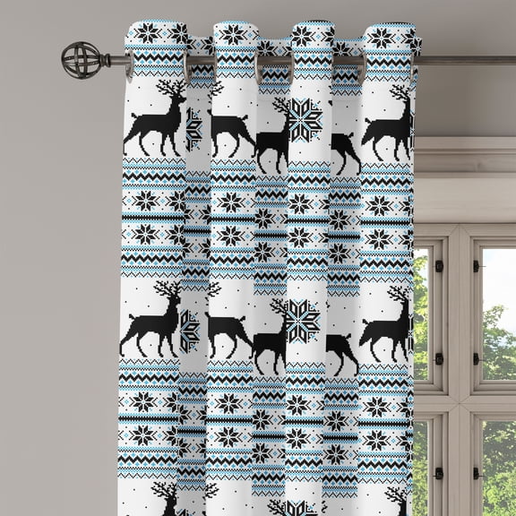 Ambesonne Nordic Grommet Curtain Single Panel, Zigzag Reindeer and Snow, 50"x60", Black White Sky Blue