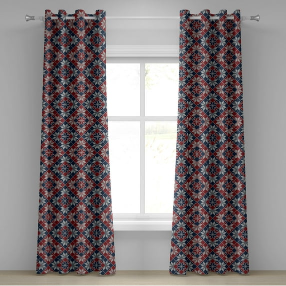 Ambesonne Nordic Grommet Curtain, Tartan Geometric Floral, 50" x 96", Ruby Dark Blue Coconut