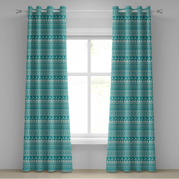 Ambesonne Nordic Grommet Curtain, Trees Stars Reindeers, 50" x 84", Turquoise Cream