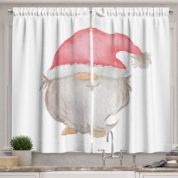 Ambesonne Nordic Kitchen Curtains, Christmas Gnome Watercolor, 55"x24", Pastel Pink Peach and Ecru