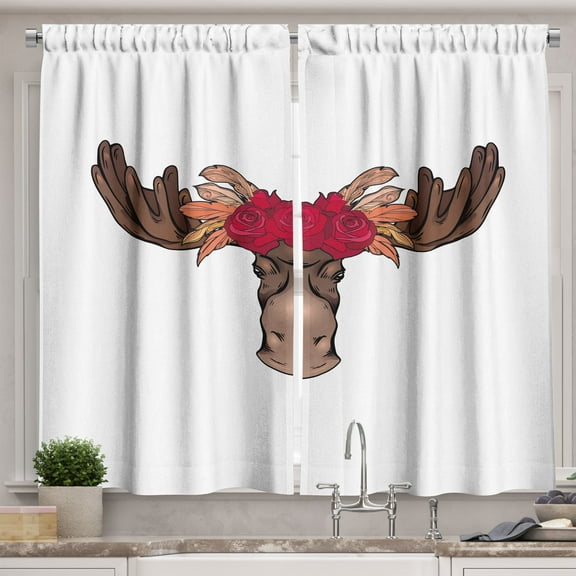 Ambesonne Nordic Kitchen Curtains, Moose Face Flowers Feathers, 55"x39", Dark Coral Pale Redwood
