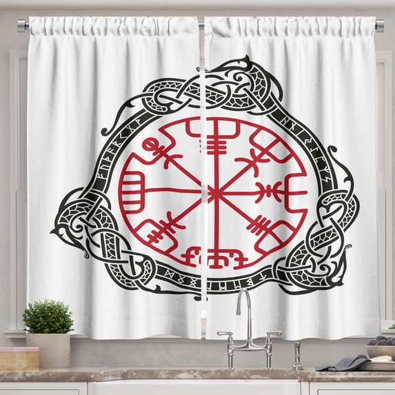 Ambesonne Nordic Kitchen Curtains, Runic Letters Scandinavian, 55"x45", Dark Grey Pink