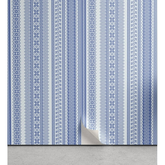 Ambesonne Nordic Peel & Stick Wallpaper for Home, Geometric Chevron Flower, 13"x36", Pale Blue and Blue