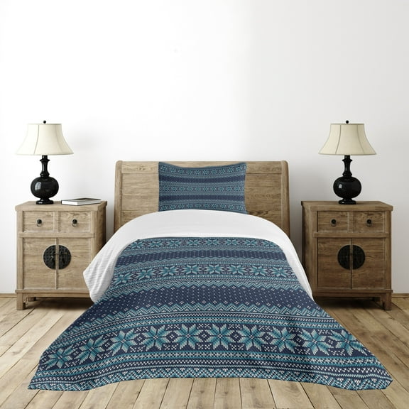 Ambesonne Nordic Quilted Bedspread Set 2 Pcs, Herringbone Snowflake, Twin Size, Turquoise and Dark Blue