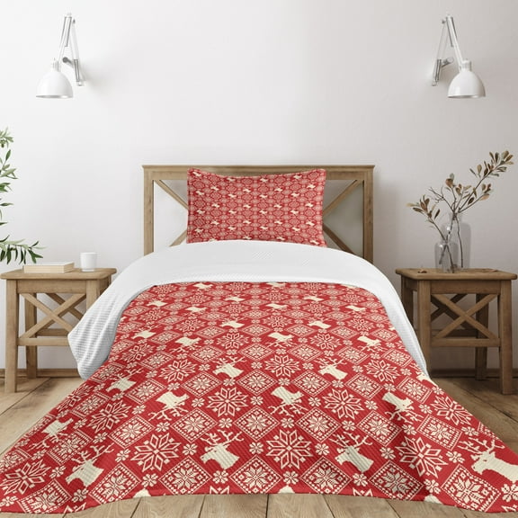 Ambesonne Nordic Quilted Bedspread Set 2 Pcs, Northern Reindeers Flora, Twin Size, Red Beige