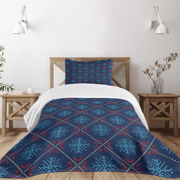 Ambesonne Nordic Quilted Bedspread Set 2 Pcs, Vintage Snowflake Motifs, Twin Size, Blue Beige Scarlet