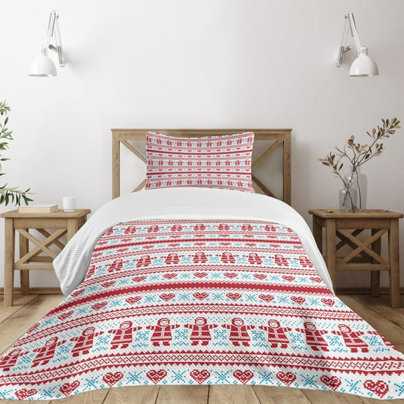 Ambesonne Nordic Quilted Bedspread Set 2 Pcs, Xmas Inspired Ornament, Twin Size, Red Sky Blue White