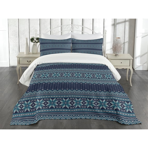 Ambesonne Nordic Quilted Bedspread Set 3 Pcs, Herringbone Snowflake, King Size, Turquoise and Dark Blue