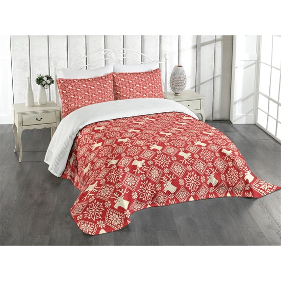 Ambesonne Nordic Quilted Bedspread Set 3 Pcs, Northern Reindeers Flora, Queen Size, Red Beige