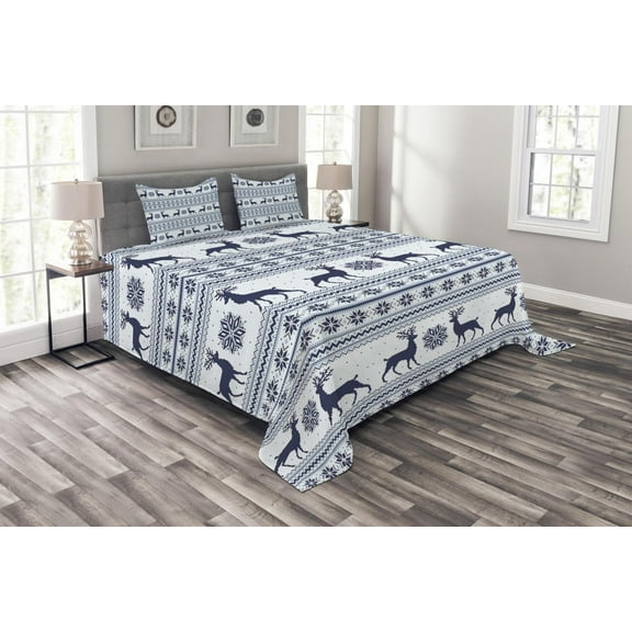 Ambesonne Nordic Quilted Bedspread Set 3 Pcs, Pixel Art Style Reindeer, Queen Size, Pale Blue Dark Blue