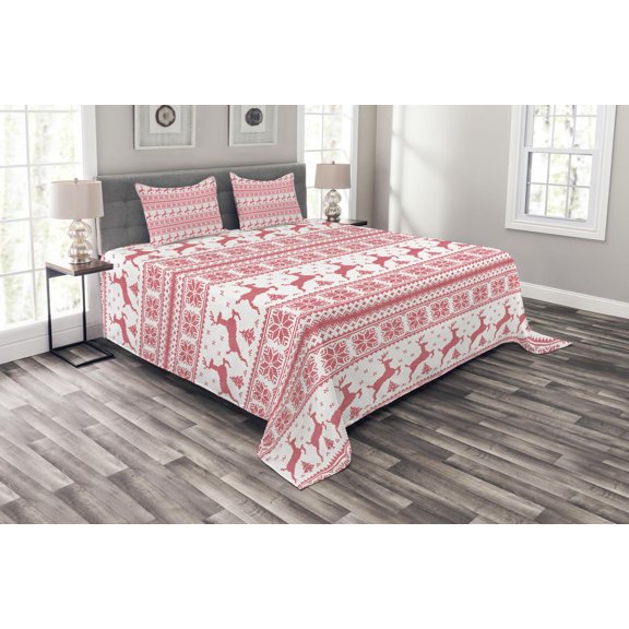 Ambesonne Nordic Quilted Bedspread Set 3 Pcs, Winter Time Reindeers, Queen Size, Coral White